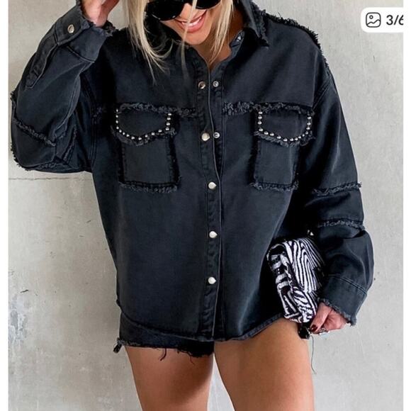 Vintage Havana Studded Peace Sign Twill Black Oversized Shacket, S - Picture 3 of 11